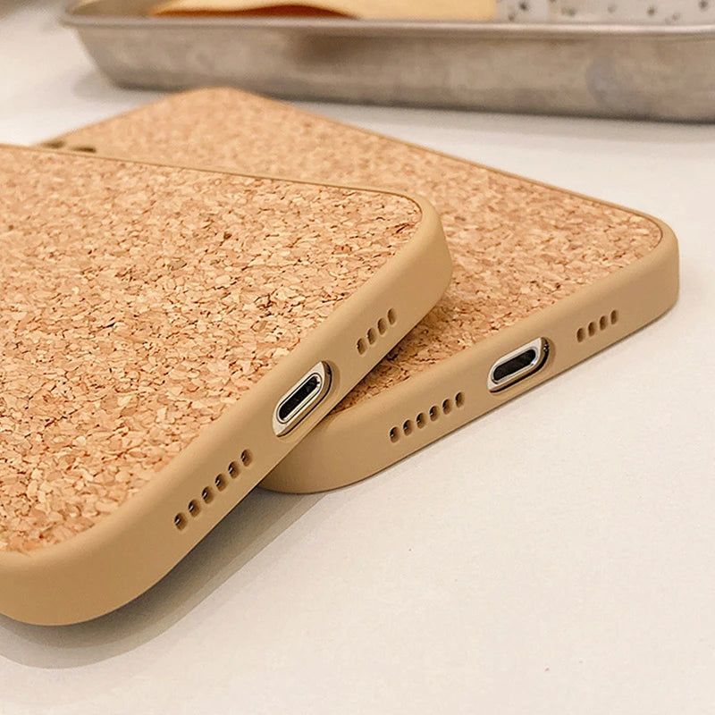 Luxury Cork Wood Breathable Phone Case For iPhone 16 15 14 12 11 13 Pro Max Mini XS XR X 7 8 Plus SE Soft Silicone Bumper Cover