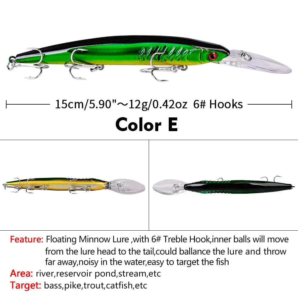 Floating Hard Wobbler Minnow Lure 15cm 12g Crankbait Treble Hooks For Pike Carp