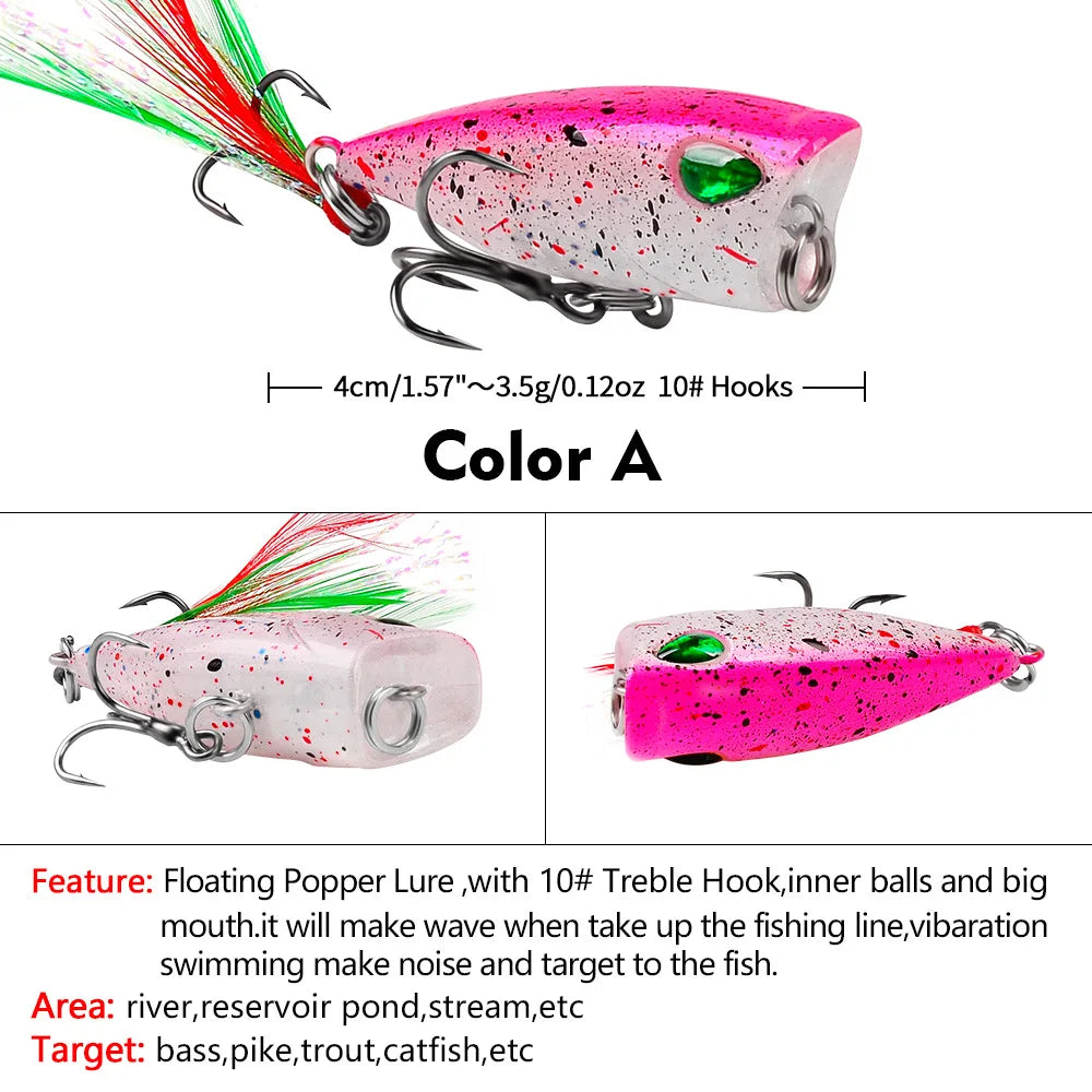 Mini Popper Lures 4.3cm 4g Topwater Hard Bait With Size 10 Feather Hooks