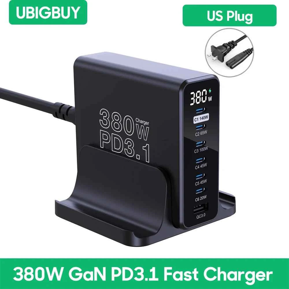 Ubigbuy 380W GaN USB C Charger PD 3.1 140W 100W PPS 45W Fast Charging Station LCD Display for iPhone 15 Samsung MacBook Pro/Air