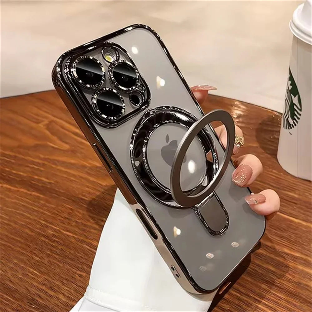 Luxury For Magsafe Bracket Case For iPhone 16 15 14 13 12 11 17 Pro Max 15 Plus Magnetic Ring Stand Holder Clear Acrylic Cover