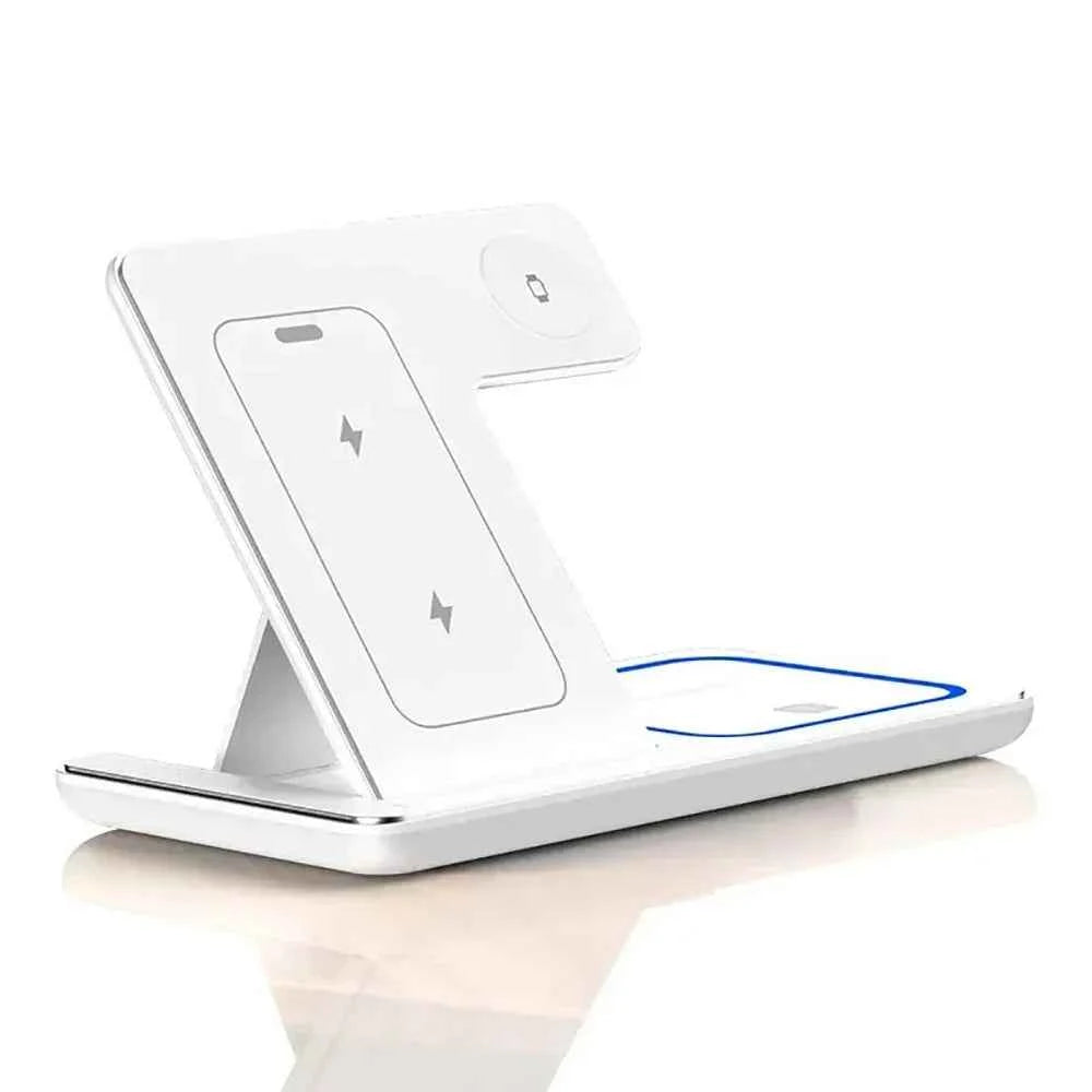 Foldable Dock Station 3 In 1 Wireless Charger Stand With LED 15W Phone Earbuds