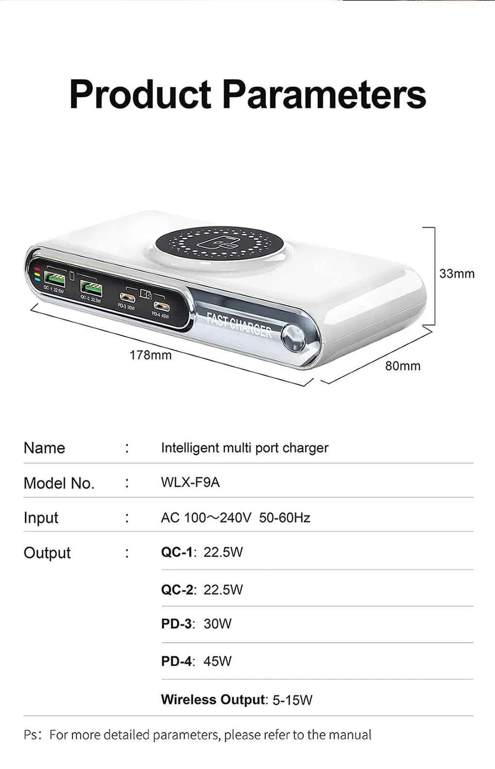 72W 4 Port USB C PD QC Fast Charger Wireless Charging For Phone