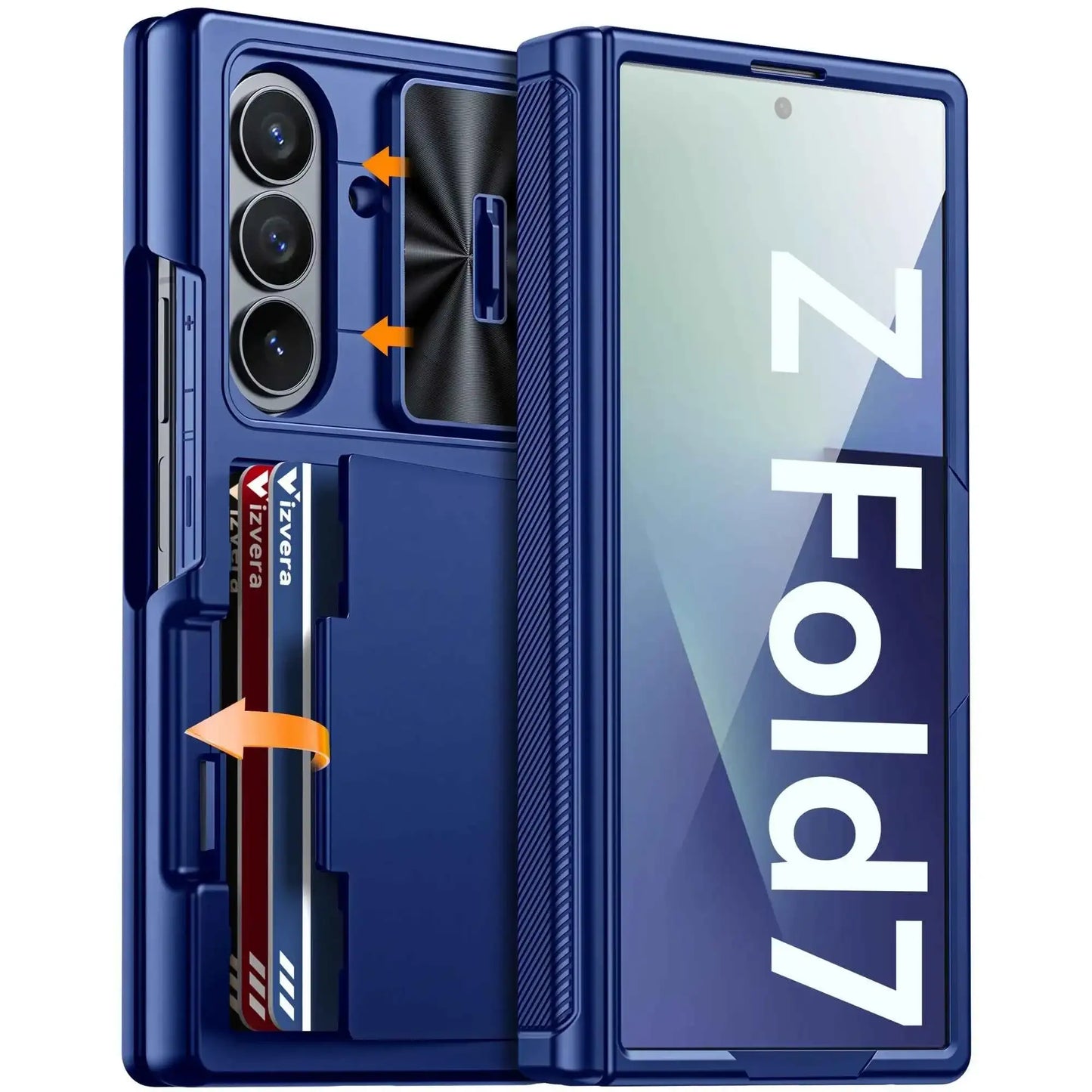 Halloween Gifts for Galaxy Z Fold 7 RFID Wallet with Cards Holder,Hinge Cover,Camera Cover,Shockproof Silicone Phone Case-Blue