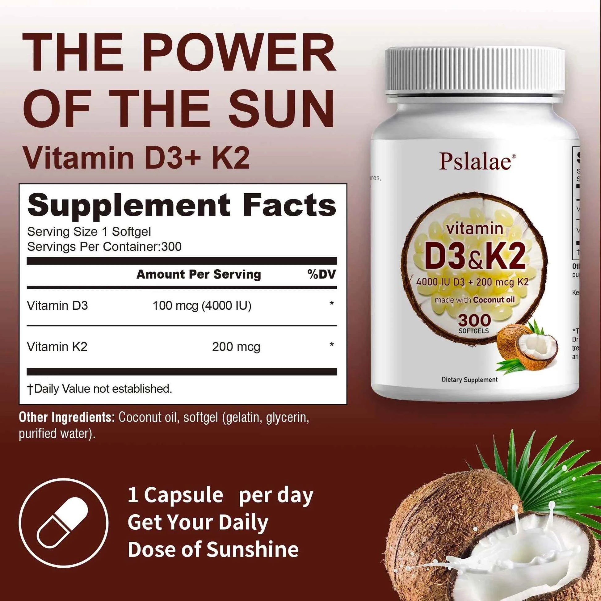 Vitamin D3 And K2 Softgels For Absorption And Digestion Support 300 Softgels