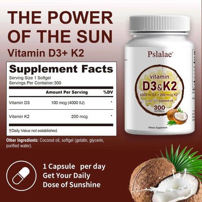 Vitamin D3 And K2 Softgels For Absorption And Digestion Support 300 Softgels