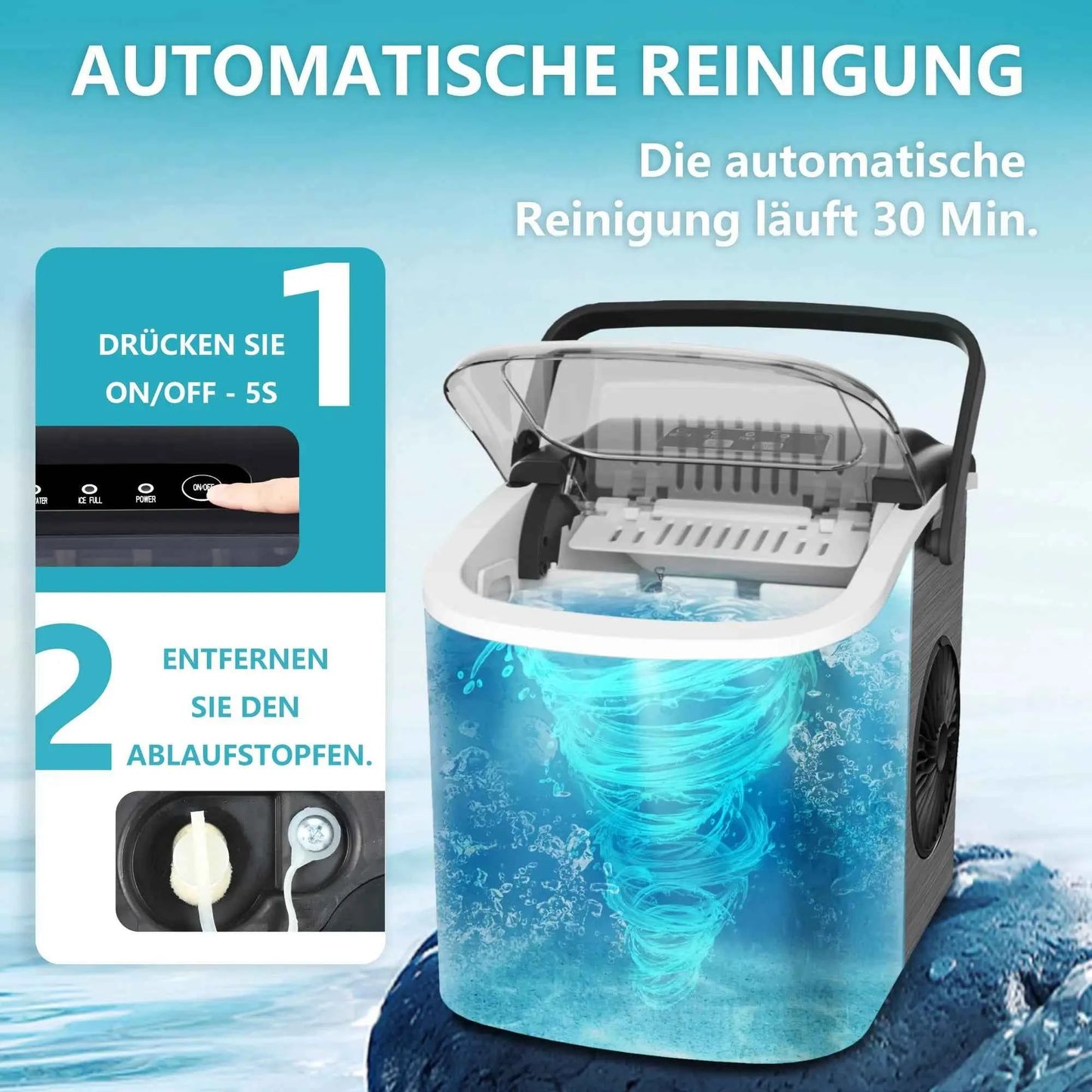 Small ice cubes machine silver, 9 dice in 6 min, 12kg/24H, 2 ice cream sizes & self-cleaning for household/bar