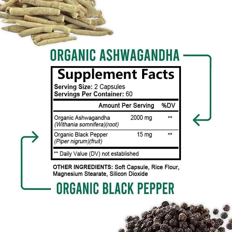 Daitea Organic Ashwagandha Capsules 2000mg Mood Sleep Energy Support Antioxidant