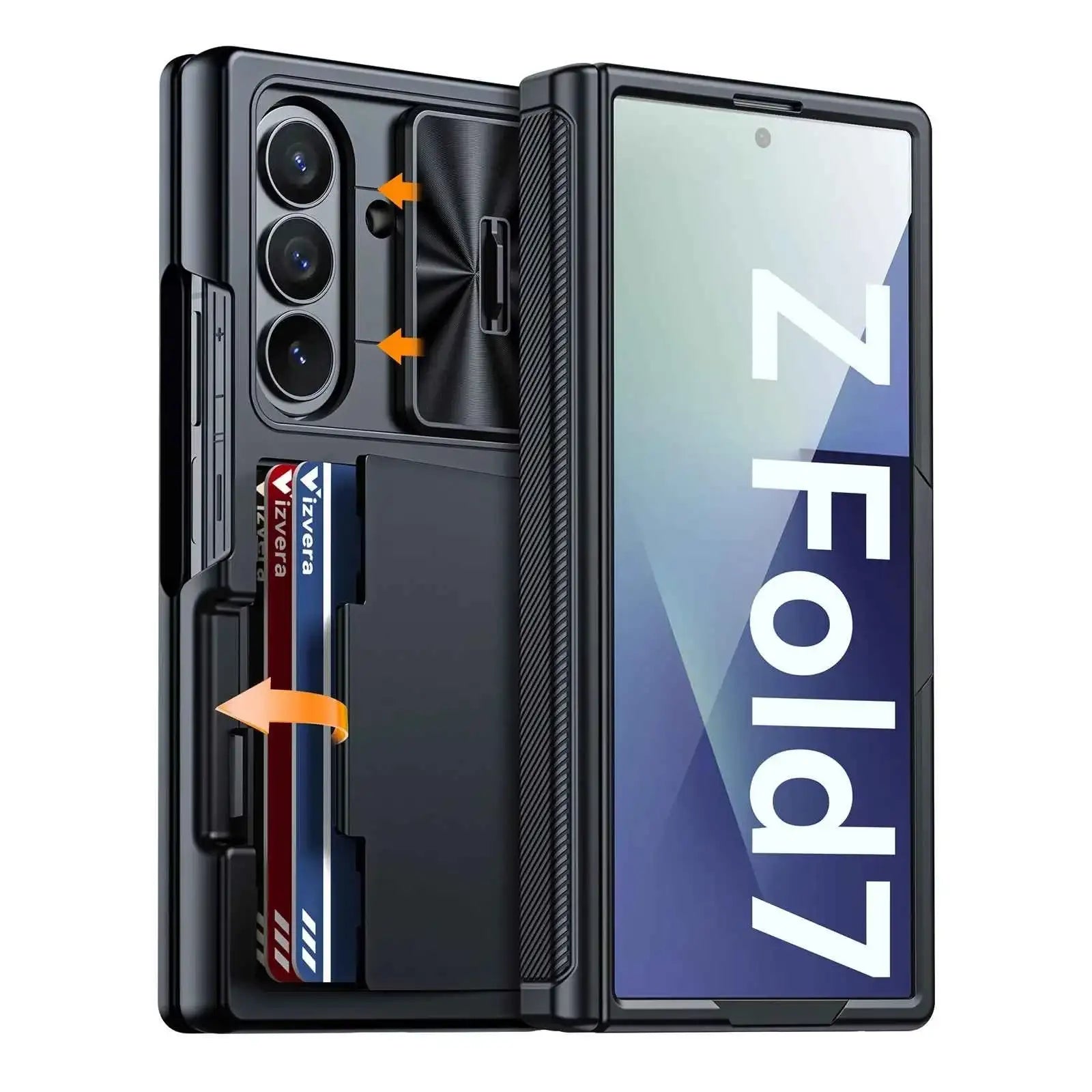 Halloween Gifts for Galaxy Z Fold 7 RFID Wallet with Cards Holder,Hinge Cover,Camera Cover,Shockproof Silicone Phone Case-Blue