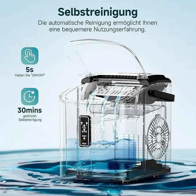 Small ice cubes machine silver, 9 dice in 6 min, 12kg/24H, 2 ice cream sizes & self-cleaning for household/bar