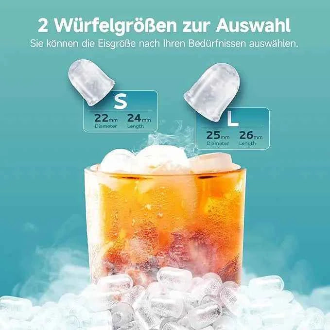 Small ice cubes machine silver, 9 dice in 6 min, 12kg/24H, 2 ice cream sizes & self-cleaning for household/bar