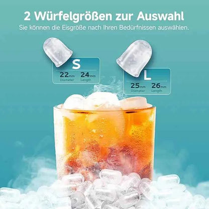 Small ice cubes machine silver, 9 dice in 6 min, 12kg/24H, 2 ice cream sizes & self-cleaning for household/bar