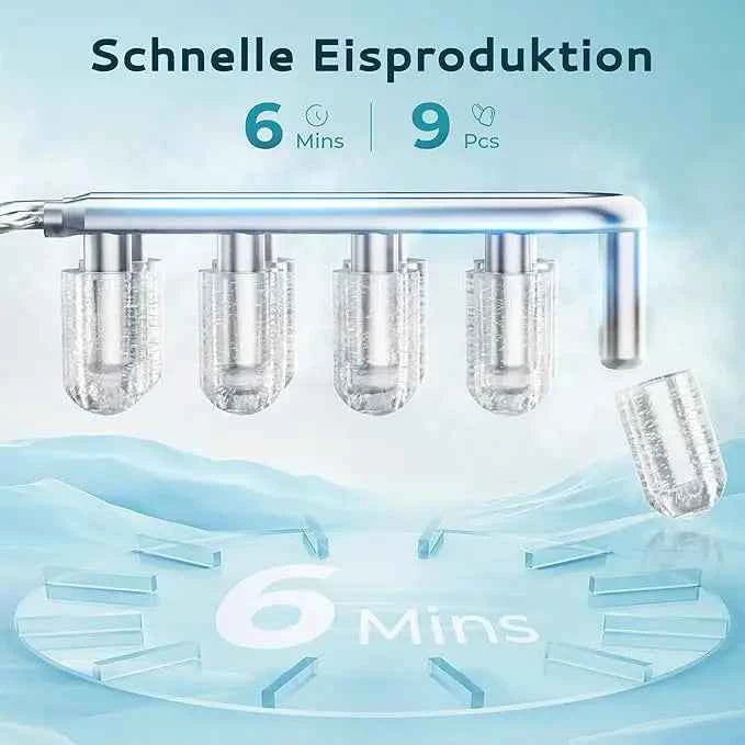 Small ice cubes machine silver, 9 dice in 6 min, 12kg/24H, 2 ice cream sizes & self-cleaning for household/bar