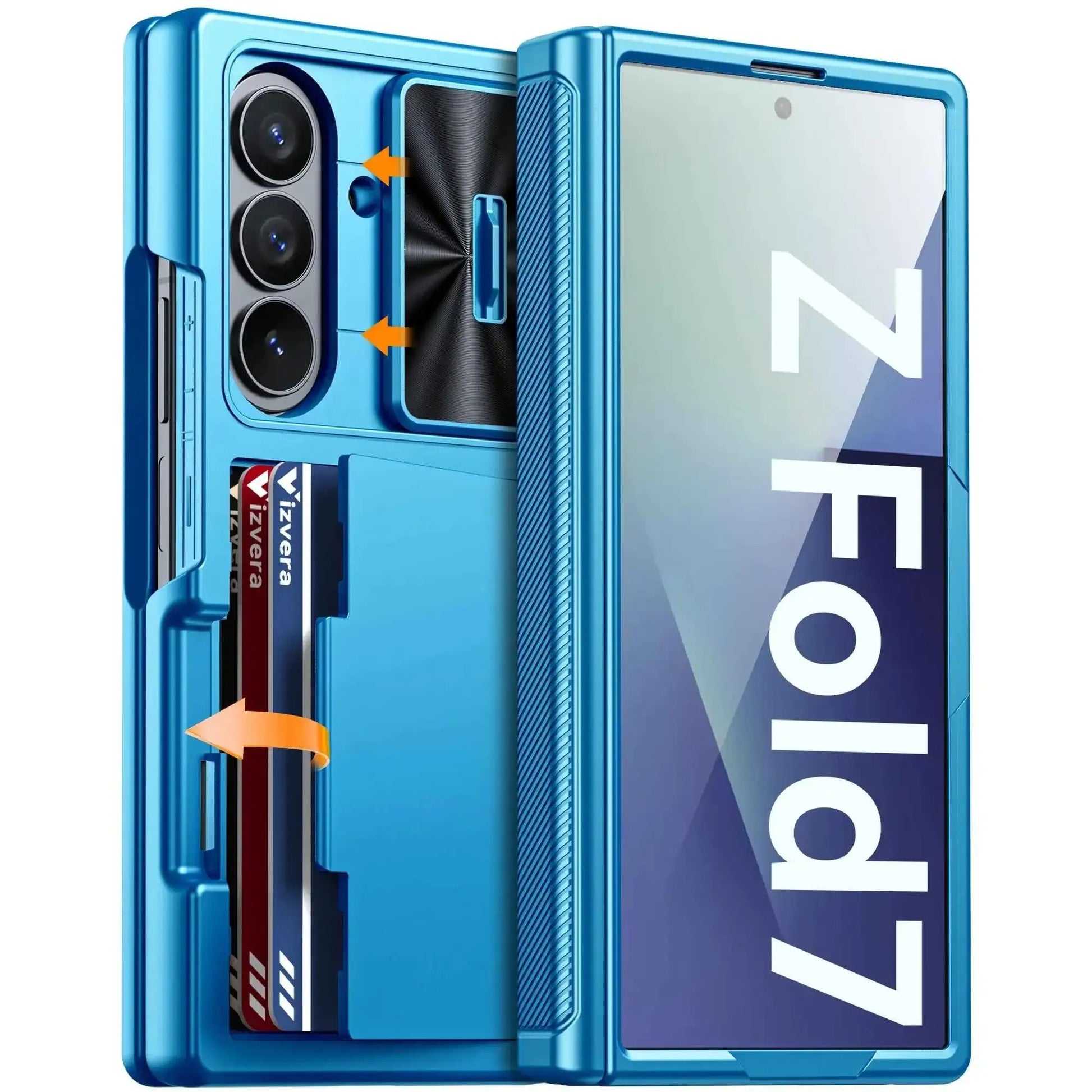 Halloween Gifts for Galaxy Z Fold 7 RFID Wallet with Cards Holder,Hinge Cover,Camera Cover,Shockproof Silicone Phone Case-Blue