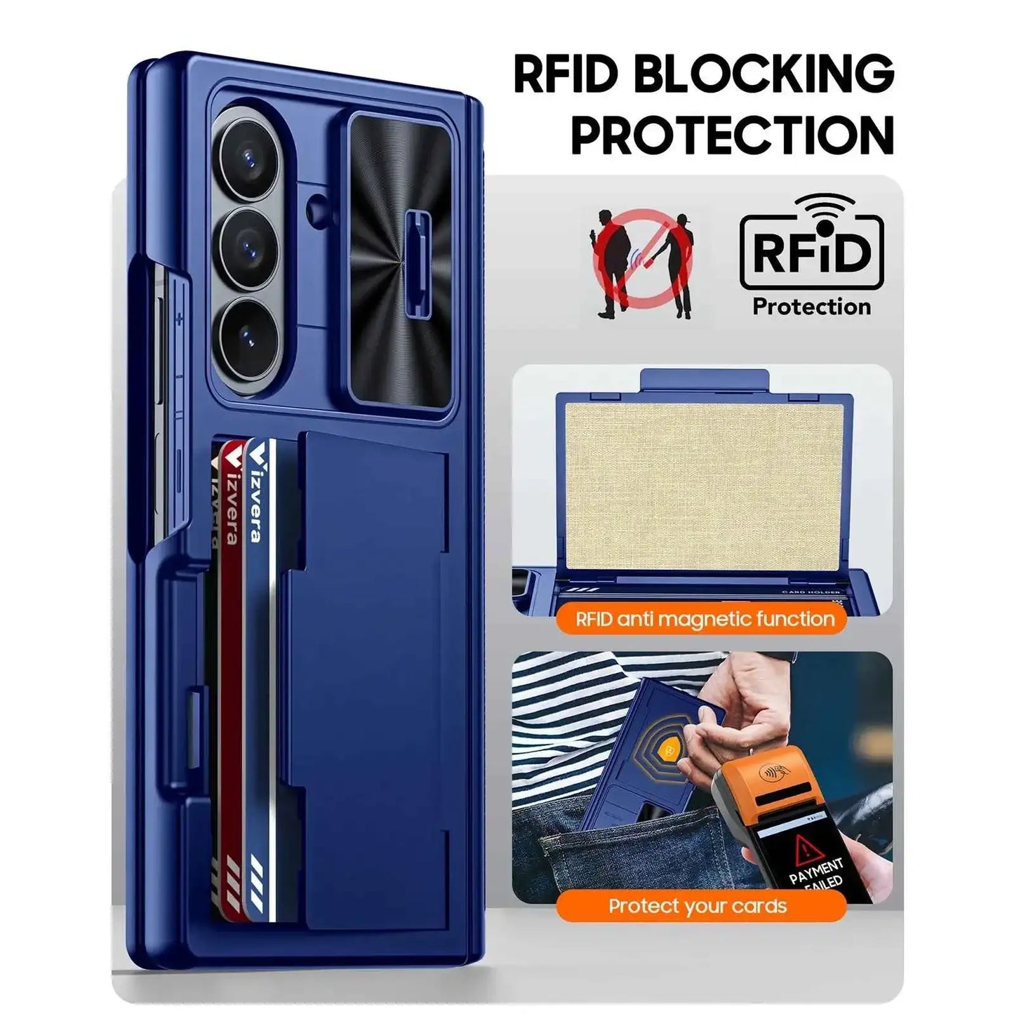 Halloween Gifts for Galaxy Z Fold 7 RFID Wallet with Cards Holder,Hinge Cover,Camera Cover,Shockproof Silicone Phone Case-Blue