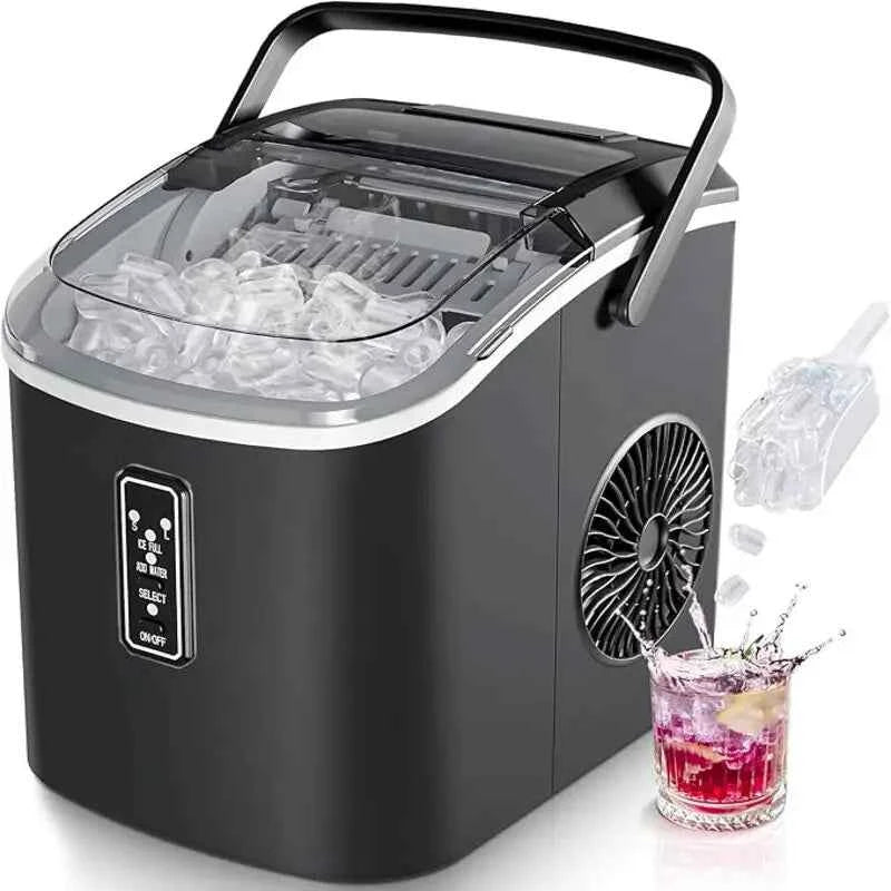Small ice cubes machine silver, 9 dice in 6 min, 12kg/24H, 2 ice cream sizes & self-cleaning for household/bar