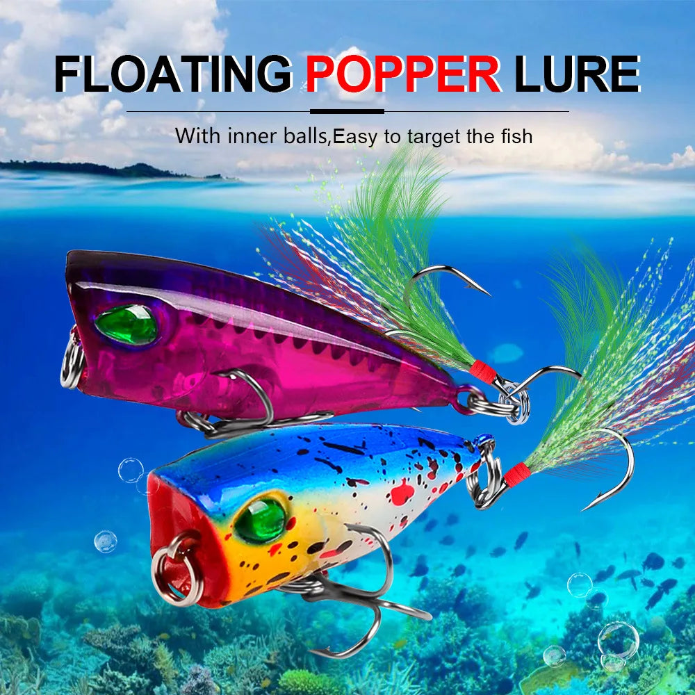 Mini Popper Lures 4.3cm 4g Topwater Hard Bait With Size 10 Feather Hooks
