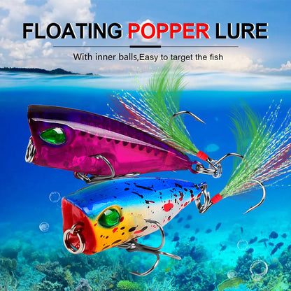 Mini Popper Lures 4.3cm 4g Topwater Hard Bait With Size 10 Feather Hooks