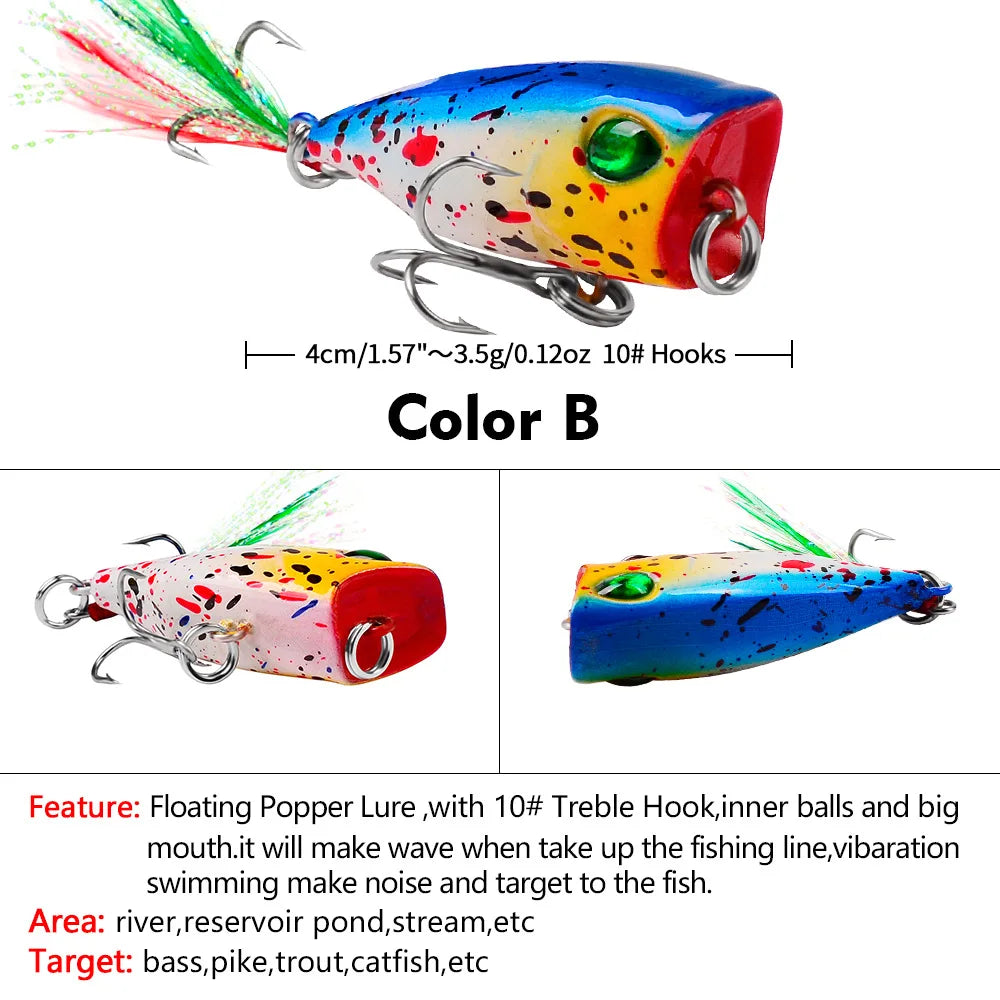 Mini Popper Lures 4.3cm 4g Topwater Hard Bait With Size 10 Feather Hooks