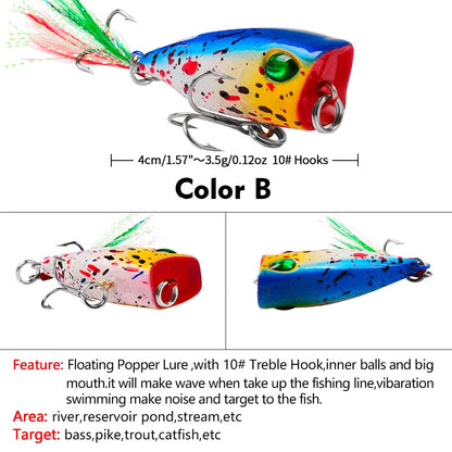 Mini Popper Lures 4.3cm 4g Topwater Hard Bait With Size 10 Feather Hooks