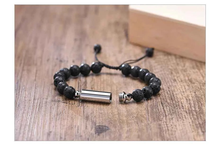 Mens Lava Stone Urn Bracelet for Ashes Cremation Keepsake Memorial Jewelry