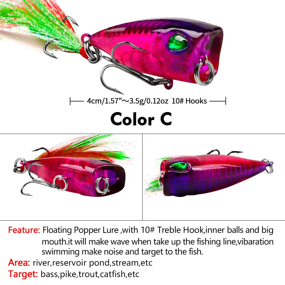 Mini Popper Lures 4.3cm 4g Topwater Hard Bait With Size 10 Feather Hooks