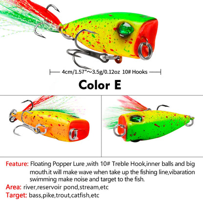 Mini Popper Lures 4.3cm 4g Topwater Hard Bait With Size 10 Feather Hooks