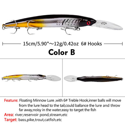 Floating Hard Wobbler Minnow Lure 15cm 12g Crankbait Treble Hooks For Pike Carp