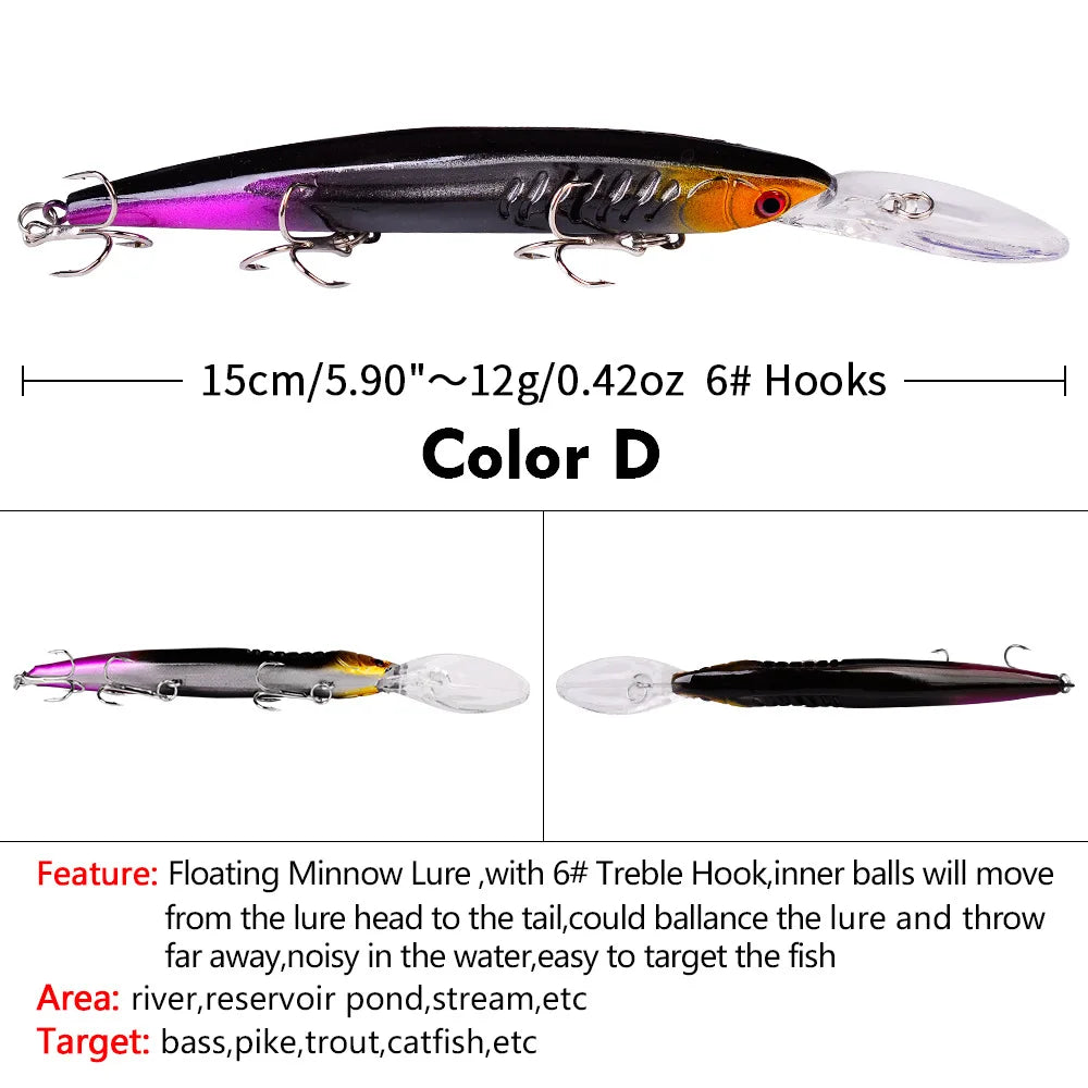 Floating Hard Wobbler Minnow Lure 15cm 12g Crankbait Treble Hooks For Pike Carp