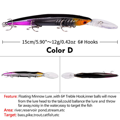Floating Hard Wobbler Minnow Lure 15cm 12g Crankbait Treble Hooks For Pike Carp