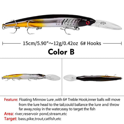 Floating Hard Wobbler Minnow Lure 15cm 12g Crankbait Treble Hooks For Pike Carp