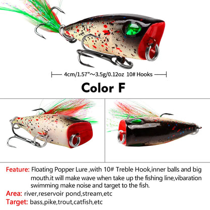 Mini Popper Lures 4.3cm 4g Topwater Hard Bait With Size 10 Feather Hooks