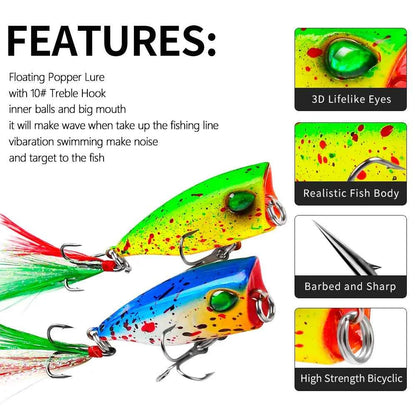Mini Popper Lures 4.3cm 4g Topwater Hard Bait With Size 10 Feather Hooks