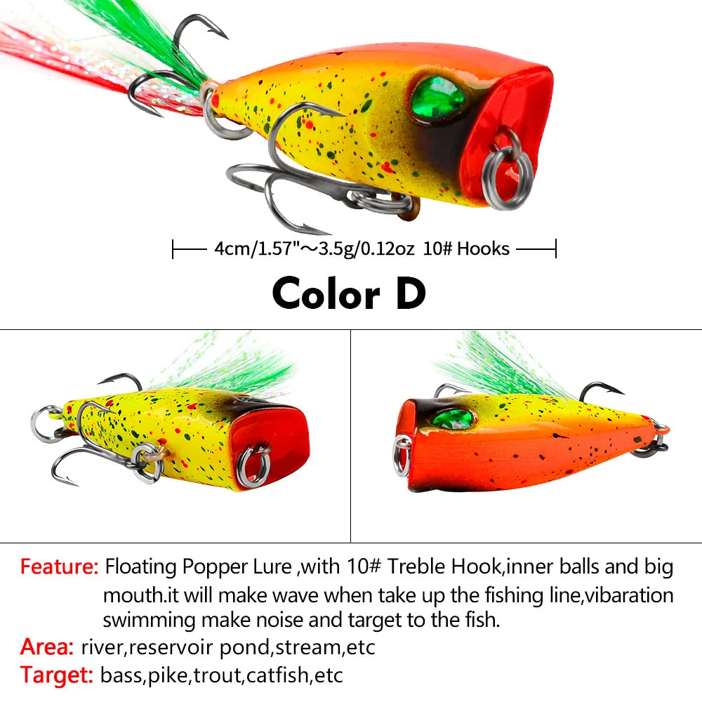 Mini Popper Lures 4.3cm 4g Topwater Hard Bait With Size 10 Feather Hooks