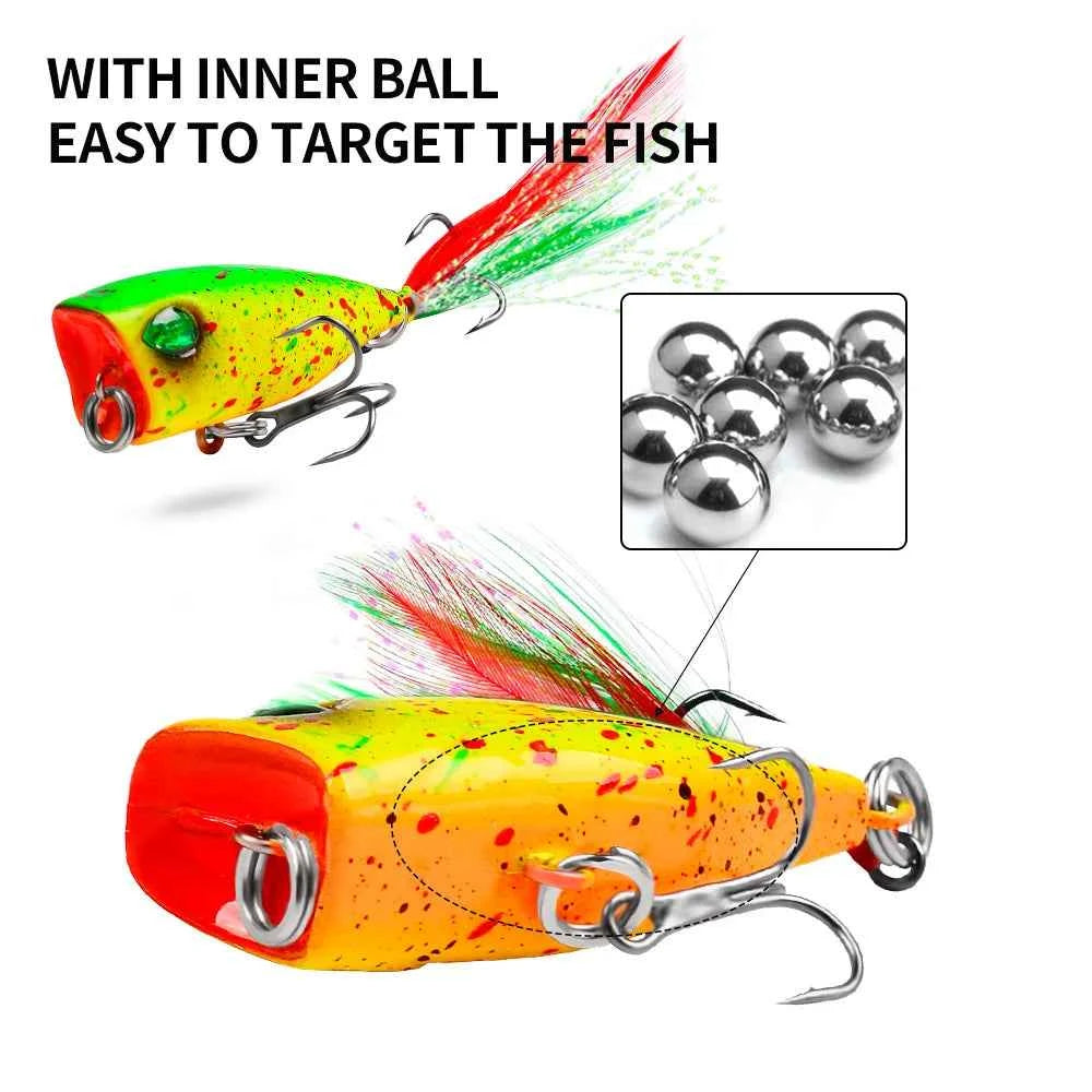 Mini Popper Lures 4.3cm 4g Topwater Hard Bait With Size 10 Feather Hooks
