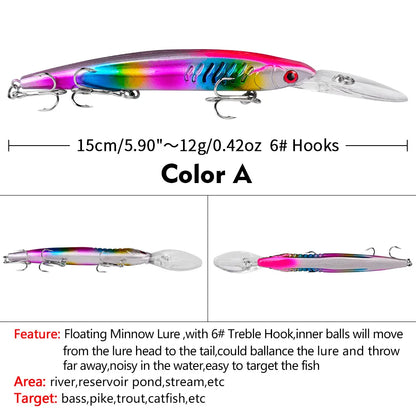 Floating Hard Wobbler Minnow Lure 15cm 12g Crankbait Treble Hooks For Pike Carp