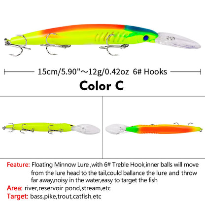 Floating Hard Wobbler Minnow Lure 15cm 12g Crankbait Treble Hooks For Pike Carp