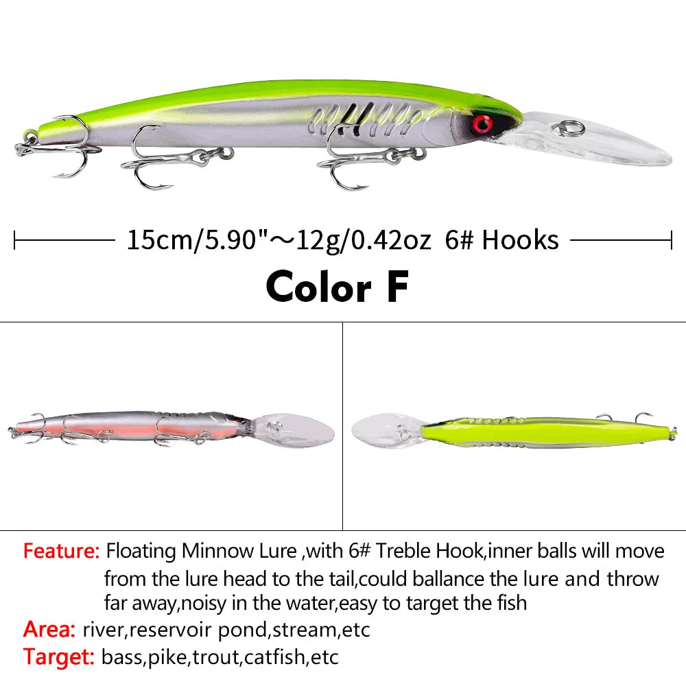 Floating Hard Wobbler Minnow Lure 15cm 12g Crankbait Treble Hooks For Pike Carp