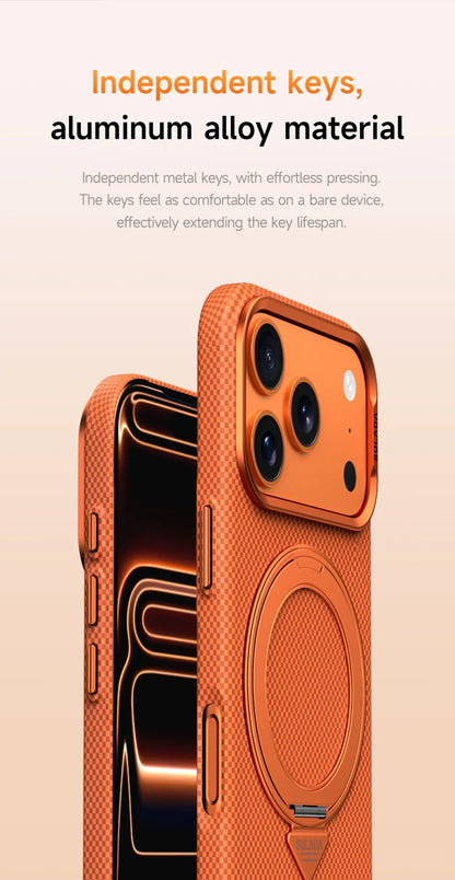 Alloy Lens 360 Rotating Bracket Magnetic Case for iPhone 17Pro Max 16 pro Carbon Fiber Texture Wireless Charge Frosted PC Cover