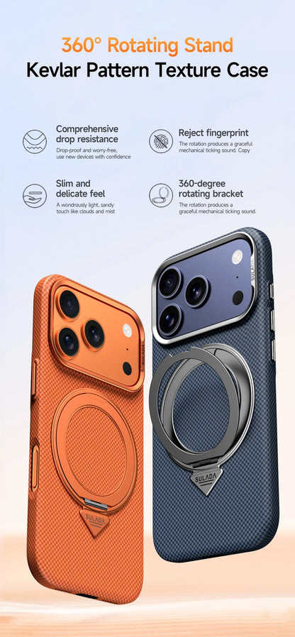 Alloy Lens 360 Rotating Bracket Magnetic Case for iPhone 17Pro Max 16 pro Carbon Fiber Texture Wireless Charge Frosted PC Cover