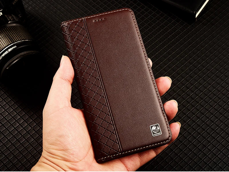 For OnePlus Nord 5 CE5 5G Flip Case Grid Pattern Magnetic Cover Luxury Cowhide Genuine Leather Card Pocket Wallet Cases Covers
