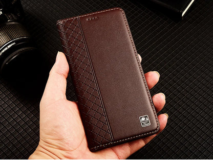 For OnePlus Nord 5 CE5 5G Flip Case Grid Pattern Magnetic Cover Luxury Cowhide Genuine Leather Card Pocket Wallet Cases Covers