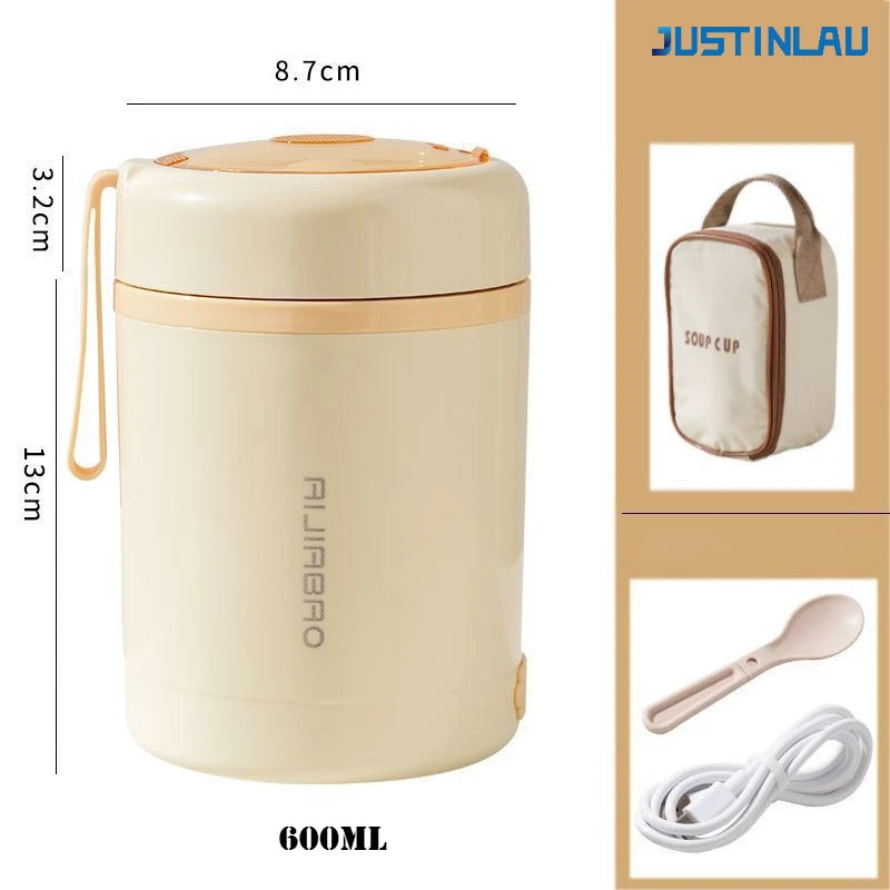 JUSTINLAU 600ML USB Electric Heating Lunch Box 304 Stainless Steel+PP Portable Food Warmer with Spoon for Working&camping Use
