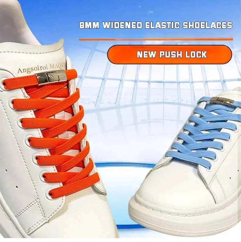 Press Lock Elastic Shoelaces 8mm Flat No Tie For Shoes Kids Adults