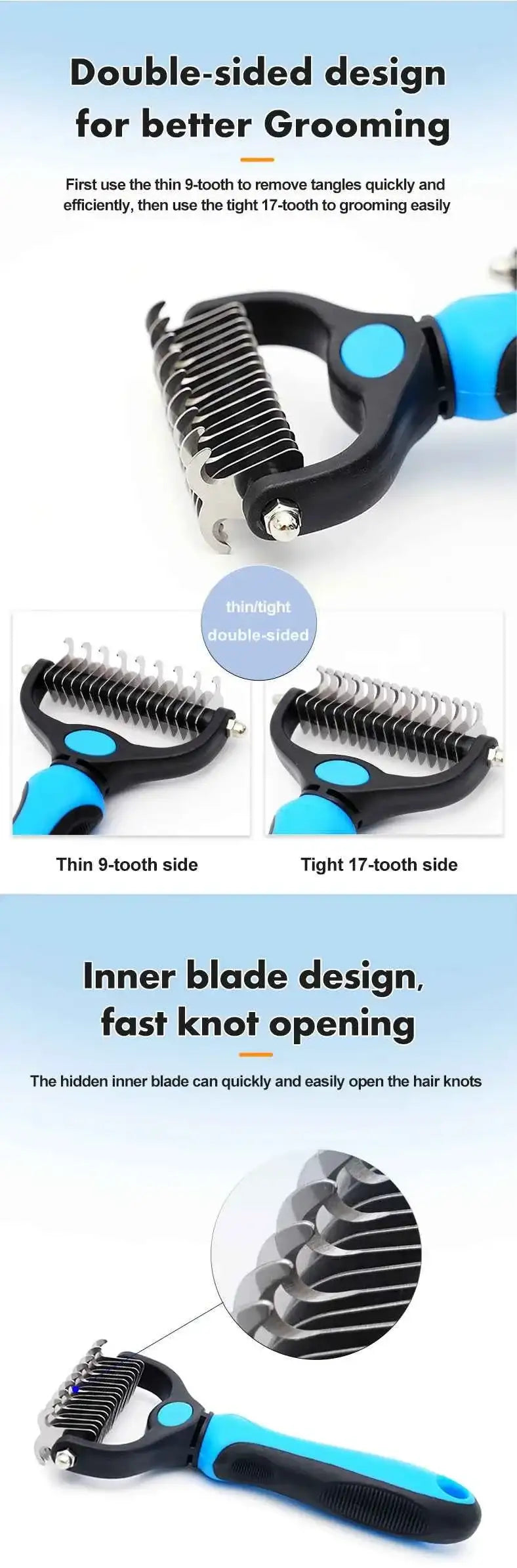 Pet Knot Remover Comb for Dogs & Cats - Dematting Tool with Stainless Steel Blades - Detangling Brush for Matted Hair - Professi