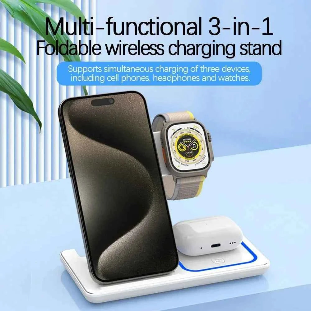Foldable Dock Station 3 In 1 Wireless Charger Stand With LED 15W Phone Earbuds