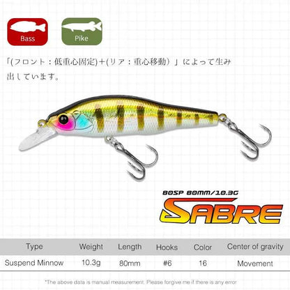 Tsurinoya Sabre 80SP Suspending Jerkbait 80mm Bass Pike Lure