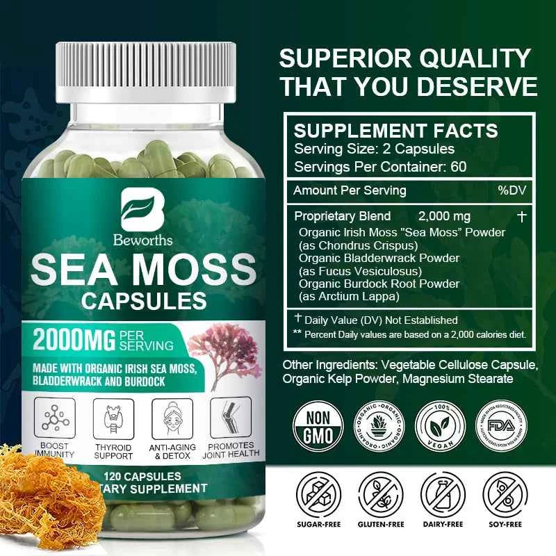 Beworths Organic Sea Moss Pills 120 Count For Immune Support And Thyroid Health