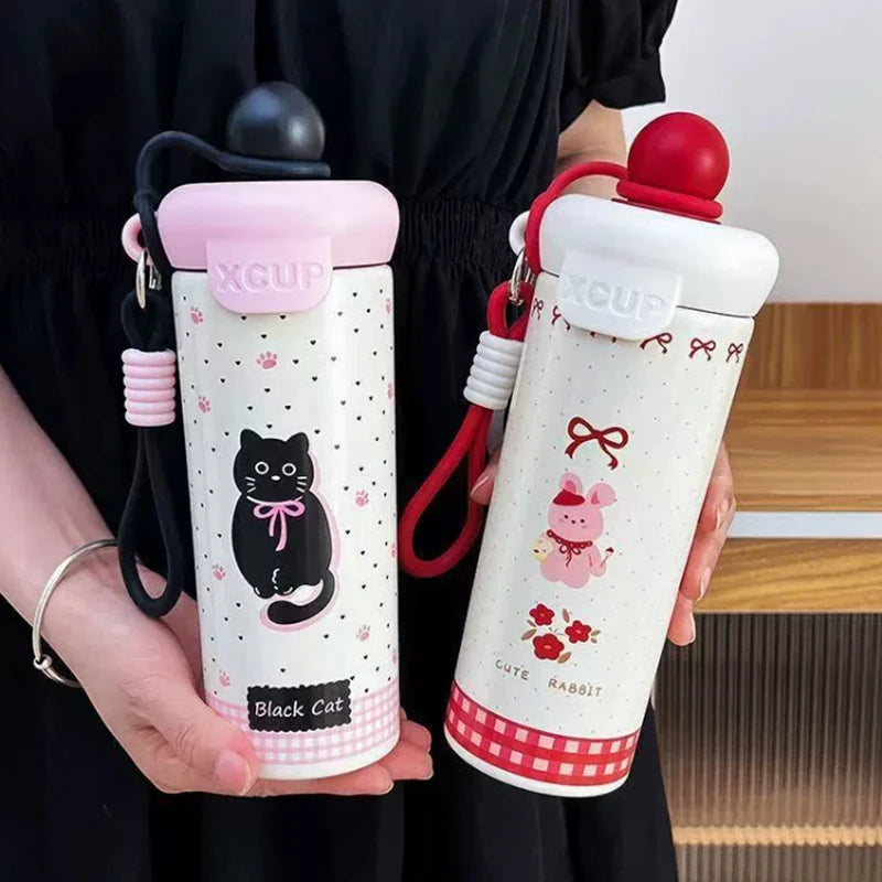 ♥Cartoon Animal Float Ball Water Bottle - 316 Stainless Steel Insulated Tumbler with Straw & Carry Strap for Kids and Students