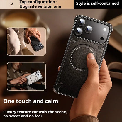 Eary for iPhone 17 Pro Max Air Phone Case Genuine Leather Magsafe Frameless Shell With 360°Rotate Magnetic Stand Anti-Drop Cover